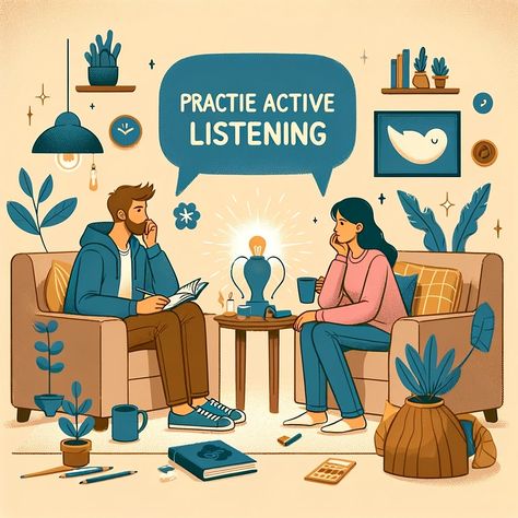 Thx @rudedudepod for '11' Your #youngdadmentalhealthhack Practice Active Listening: Active listening involves fully concentrating, understanding, responding, and remembering what is being said in conversations. This technique can significantly improve your relationships by making others feel heard and valued. To practice active listening, maintain eye contact, avoid interrupting, and show empathy by acknowledging the speaker's feelings. This not only strengthens your connections with others... Feelings, Listening Illustration, Active Listening, Eye Contact, Improve Yourself, Quick Saves