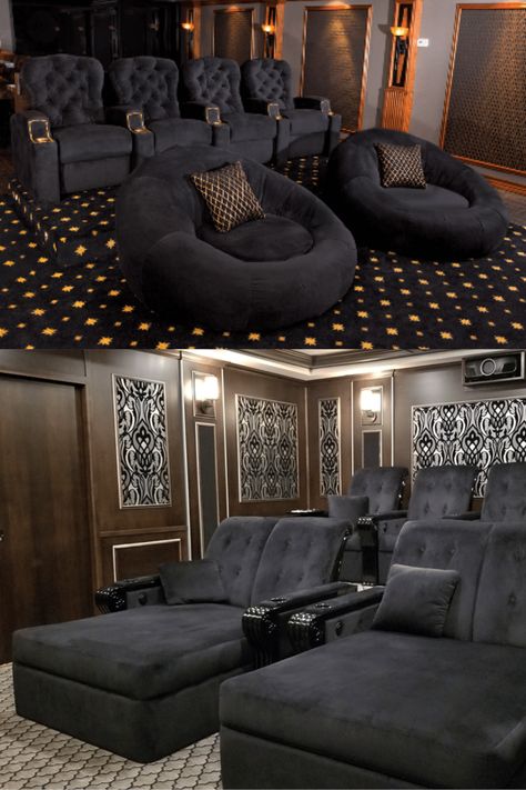 Theatre Room Furniture Ideas, Luxury House Movie Theater, Theater Chairs In Living Room, Theater Couches Cozy, Movie Room Lounge Chair, Home Theater Bed, Cinema Room Chairs, Upstairs Theater Room Ideas, Entertainment Room Furniture