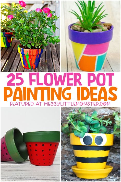 Painted Ceramic Flower Pots, Cute Clay Pot Painting Ideas, Painted Clay Pots Ideas Simple, Decorated Flower Pots Diy, Terra Cotta Painting Ideas, Boho Pot Painting Ideas, Diy Terracotta Pots Paint Ideas, Painted Plastic Flower Pots, Painted Flower Pots Easy