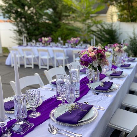 Purple Dinner Party Table Settings, Purple Wedding Reception Decorations Wedding Table Decor, Purple And Blue Table Setting, Purple White And Gold Wedding Table Settings, Purple Bachelorette Party Decorations, Purple And White Wedding Decor, Purple Table Settings Wedding, Purple Dinner Party, Purple Wedding Reception Tables