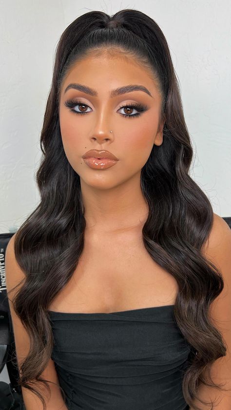 Makeup Look For All Black Outfit, Chocolate Brown Smokey Eye, Soft Glam Makeup Oval Face, Glam Fall Makeup Looks, Soft Glam For Black Dress, Gold Dress Makeup Ideas Brown Skin, Hair And Makeup Wedding Guest, Winged Eye Look, Glam Makeup Black Dress