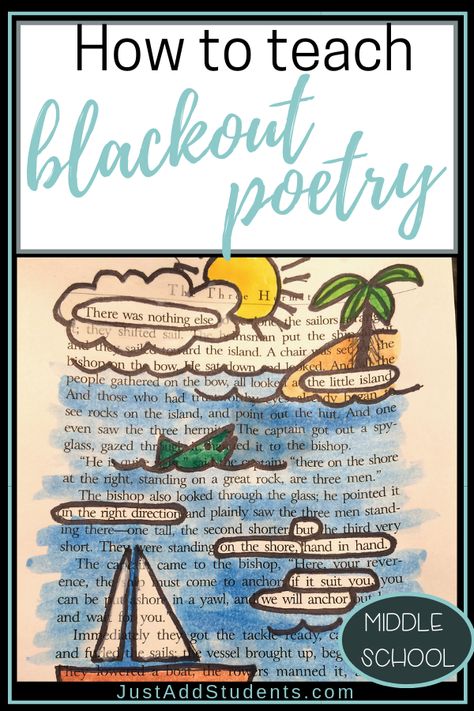 Here's a step-by-step lesson plan on how to teach blackout poetry.  Your students will love it -- it's a great way to complete a poetry or creative writing unit.  Students will use higher level thinking to create theme, imagery, and vivid word choice.  #poetry #blackoutpoetry #lessonplan Year 3 Lesson Ideas, Poetry Display Classroom, Poetry Projects For Elementary, Poetry Tutorial, Poetry Activities Elementary, Poetry Booklet, Poetry Cafe, Poetry Lesson Plans, Poetry Lesson