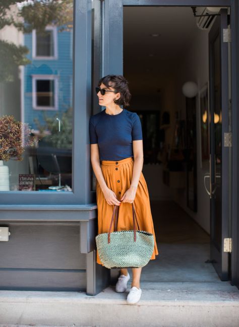 A Week of Outfits: Sarah Ali Pacha | A Cup of Jo Navy Blue And Yellow Outfits, Artsy Outfits, Casual Midi Skirt, Fall Outfits Street Styles, Rok Midi, Summer/fall Outfits, Rok Outfit, Princess Jellyfish, Teacher Wardrobe