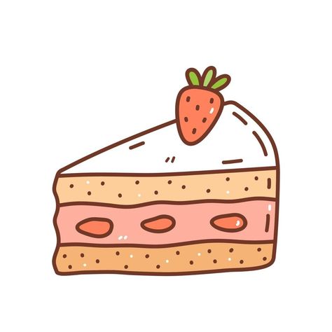 Cake, Hand Drawn, Dessert, Background Cute, Doodle Style, Strawberry Cake, White Background, White