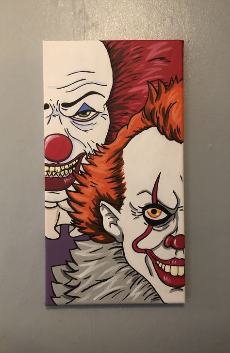Pennywise Cartoon Drawing, Cute Horror Painting, Pennywise Canvas Painting, Easy Horror Painting Ideas, Penny Wise Painting, Chucky Painting Canvas, Pennywise Cartoon, Horror Paintings Canvas, Character Paintings On Canvas