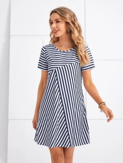 WishList | SHEIN Striped Linen Dress, Cotton Short Dresses, Summer Shift Dress, Color Blocking Outfits, Tunic Designs, Striped Dress Summer, Striped Tunic, Stripe Outfits, Blue Striped Dress