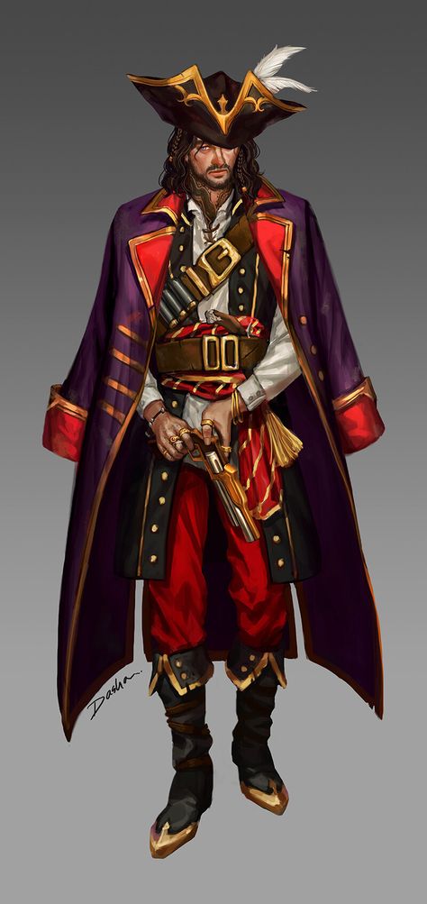 ArtStation - Character Concept - Red Pants (Kyle), Dasha Y. Park Pirate Character Design Male, Pirate Captain Character Design, Carribean Pirates, Pirate Oc Male, Concept Art Male, Captain Clothes, Pirate Character Design, Bone Knife, Pirate Design