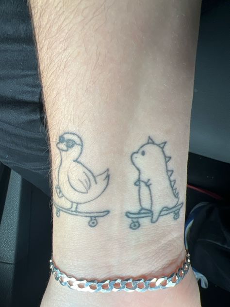 Duck On A Skateboard Tattoo, Sandy Cheeks Tattoo, Duck On Skateboard Tattoo, Tiny Rubber Duck Tattoo, Animal On Skateboard Tattoo, Skateboarding Tattoo Ideas, Matching Duck Tattoo, Skateboard Tattoo Ideas, Matching Animal Tattoos