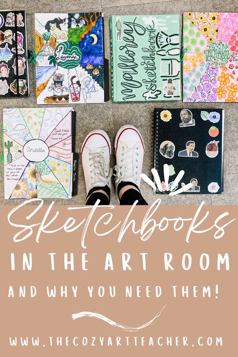 Thinking about incorporating student sketchbooks in your middle and high school art classroom? Click here to find out the many benefits and ways in which I use them to help improve my students' drawing skills. Design Challenge Middle School, Sketchbook Ideas For Middle School, Middle School Sketchbooks, Art Class Syllabus Middle School, Middle School Sketchbook Ideas, Elementary Art Sketchbook Diy, High School Art Curriculum Map, High School Sketchbook Prompts, Back To School Art Middle School