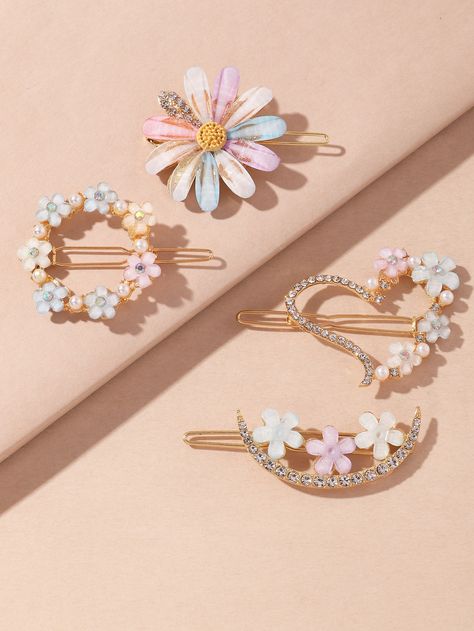 Multicolor    ABS  Minimalist Hair Clip Embellished   Women Accessories Lunar Flowers, Flower Wreath Hair, Sweet Accessories, Hair Accessories Collection, Rhinestone Hair Clip, Hair Accessories Clips, Girly Accessories, Floral Outfit, Pastel Floral