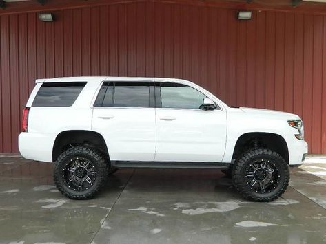 Awesome 2016 lifted 4WD Tahoe with less than 7,000 miles for only $47,000! This is the perfect vehicle for fun trips off road and through the mud. Just load up the supplies you are taking and head wherever you want to go. This vehicle has the 5.3L Ecotech V8 motor, vinyl flooring, 6" FabTech lift, 20" custom wheels, 1 owner, backup camera, rear parking sensors, tow package, remote start, rear AC, bluetooth, OnStar with wifi, running boards and more. This is just a fun vehicle that is nearly new! Lifted Yukon, Lifted Tahoe, White Tahoe, Lifted Chevy Tahoe, Camo Truck, Chevy Vehicles, Black Rhino Wheels, Fun Trips, Off Road Tires