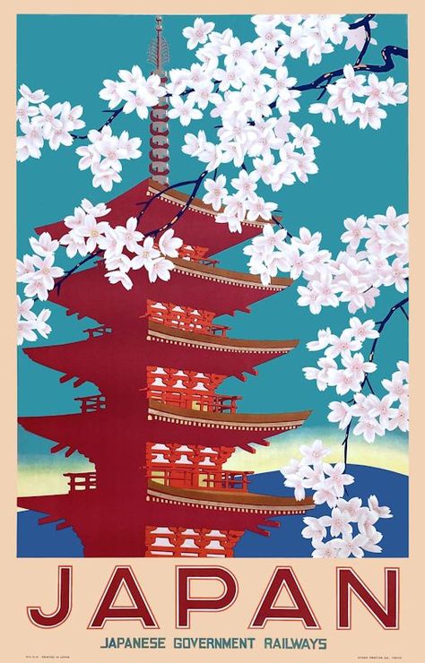 1937 train travel poster issued by the Japanese Government Railways, depicting an iconic pagoda and cherry blossoms. japan,japanese,japanese government railways,vintage japan,japanese travel,pagoda,cherry blossoms,vintage japanese travel,japan travel,vintage train travel,vintage travel poster,vintage train travel poster,japaese travel poster,japanese advertising,japan travel poster,iconic japan,imperial japanese,hokkaido,kyushu,japan poster,tokyo,kyoto,train travel Tokyo Poster Vintage, Vintage Japan Aesthetic, Retro Japanese Aesthetic, Vintage Japanese Aesthetic, Misawa Japan, Vintage Train Travel, Cherry Blossoms Japan, Kyoto Poster, Tokyo Tourism