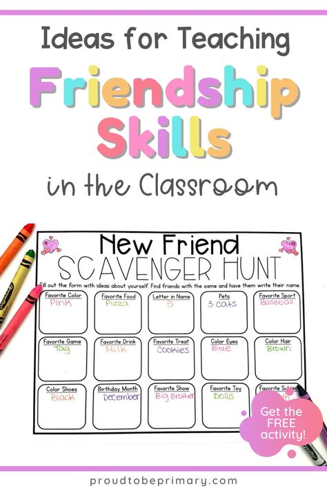 Your guide to teaching kids how to make friends and develop strong relationship skills in the elementary (kindergarten, first, second, third, fourth, and fifth grade) classroom. Find lessons, activities, and strategies, such as how to share, take turns, listen, be a good friend, and show teamwork and cooperation. Classroom friendships can be built through play, social skills lessons, and opportunities to work as a group and solve problems. Grab the free friendship scavenger hunt printable. New Friend Scavenger Hunt, Preschool Making Friends Activities, Turn Taking Activities Kindergarten, Elementary Social Skills Group, Friendship Elementary Activities, Classroom Friendship Activities, Friendship Activities First Grade, Friendship Lessons Kindergarten, Aba Social Group Activities