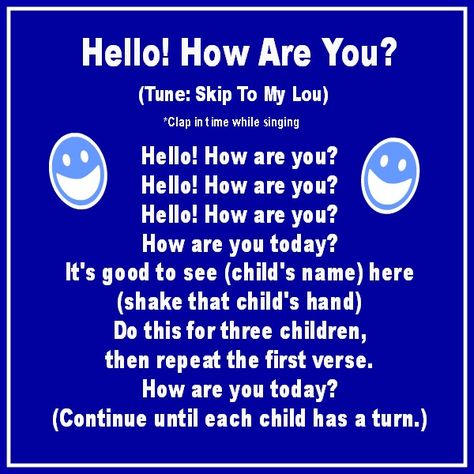 Hello! How Are You? song Hello Songs For Preschool, Preschool Hello Songs, Hello Songs Preschool, Goodbye Songs, Preschool Movement Activities, Transition Songs For Preschool, Greeting Song, Preschool Circle Time Activities, Good Morning Song