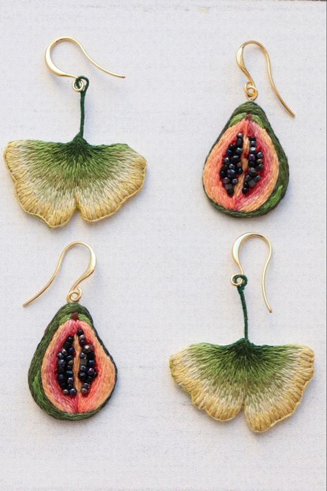 Hand embroidery fruit earrings, beaded earrings, crafts, seed bead, gold earrings, summer earrings, handmade #aesthetic #handmadejewellery #jewelry #jewelrytrends #jewelrylover #earrings #earringsforwomen #embroidery How To Make Embroidered Earrings, Embroidered Earrings Handmade, Hand Embroidered Earrings, Embroidered Earrings Diy, Papaya Earrings, Embroided Earrings, Embroidery Earring, Fabric Earrings Handmade, Ginkgo Earrings