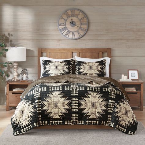 The Woolrich Sierra Print Plush Coverlet Set offers a warm and inviting lodge update to your bedroom. This plush comforter features a tan and black over-scaled Aztec print with 2 coordinating shams to create a charming cabin look. Plush Quilt, Plush Comforter, Western Bedroom, Plush Fabric, Steam Iron, Western Home Decor, Coverlet Set, Bedding Stores, Aztec Pattern