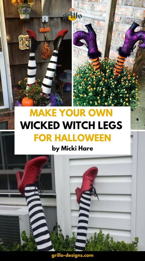 looking for the best halloween decoration for your home? Look no further! These amazing wicked witch legs are one of the best Halloween decorations there is- easy to make and great fun- get the step by step tutorial at grillo-designs.com #halloween #halloweendecorations Diy Witch Feet Decor, Witch Feet Decor, Diy Witch Legs And Shoes, Halloween Witch Porch Decor, Diy Halloween Witch Decorations, Witches Legs Decorations, Diy Witch Halloween Decorations, Witch Themed Halloween Decorations, Witch Legs In Pot