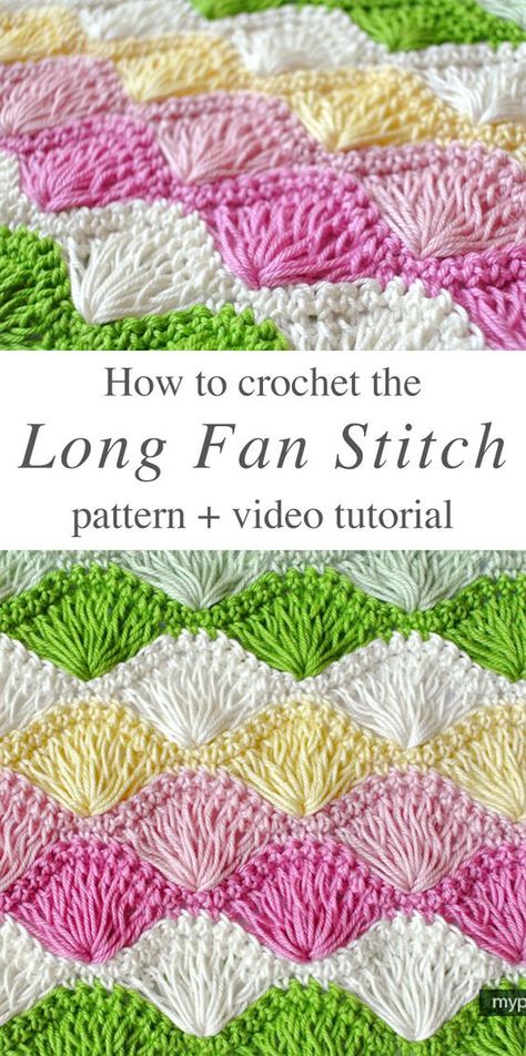 Long Fan Stitch Crochet Free Pattern Video Tutorial Fan Stitch Crochet, Crochet Fan, Crochet Blanket Stitch Pattern, Crochet Clover, Confection Au Crochet, Crochet Shell Stitch, Crochet Stitches For Blankets, Crochet Simple, Crochet Free Pattern