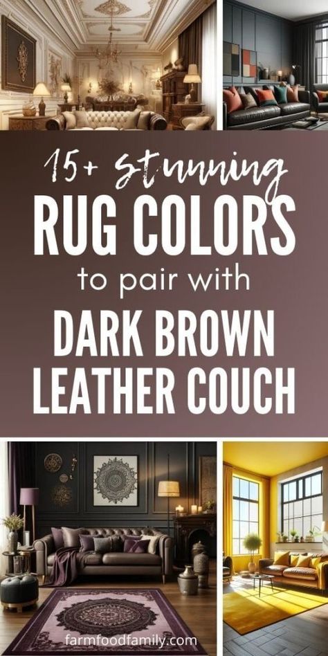 15+ Amazing Rug Colors to Pair with Your Dark Brown Leather Couch 91 Leather Sectional Decor, Dark Brown Leather Couch, Brown Leather Couch Decor, Chocolate Brown Couch, Leather Couch Decorating, Dark Leather Couches, Brown Couch Decor, Dark Brown Leather Sofa, Dark Brown Couch