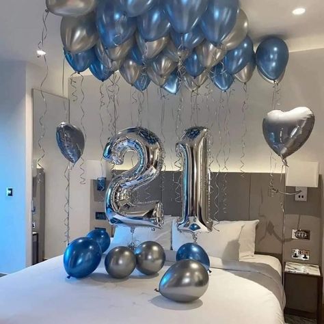 21st Birthday Ideas Blue And Silver, Decorations For Birthday Men, 21st Birthday Ideas For Guys Decorations Decor, Room Birthday Surprise For Him Blue, 21st Bday Decorations Blue, Decorating For His Birthday, Blue Silver Black Birthday Theme, Bday Decor For Men, Men Birthday Party Ideas Decoration Blue And Silver