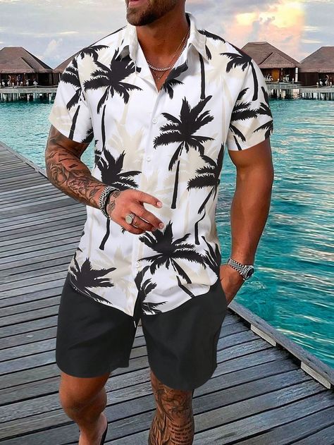 Black and White Boho Collar Short Sleeve  Tropical,All Over Print  Embellished Non-Stretch  Men Clothing Men Shopping, Sommer Strand Outfit, Hawaiian Men, Men Fabric, 여름 스타일, Collar Neck, Beach Pants, Print Shorts, 2 Piece Outfits