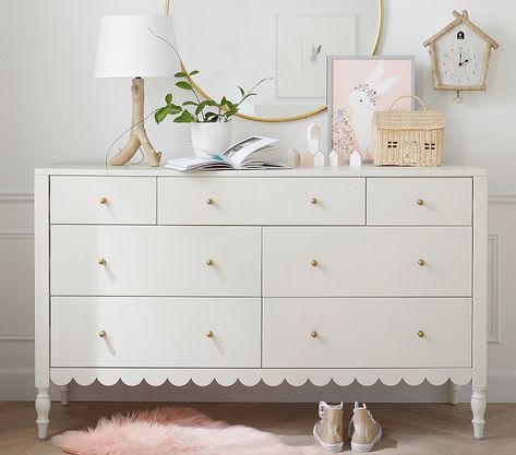Penny Scallop Extra-Wide Dresser | Pottery Barn Kids Extra Wide Dresser, Wide Dresser, Kids Dressers, Dovetail Joinery, Simply White, Room Planner, Metal Ball, Big Girl Rooms, Subtle Textures