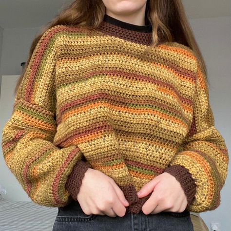 Fall Sweater Colors, Crochet Grampa Sweater, Autumn Crochet Jumper, Crochet Sweater Fall Colors, Multicolored Crochet Sweater, Stripped Crochet Patterns, Autumn Crochet Outfit, Crochet Sweater Autumn, Fall Crochet Sweater Patterns Free