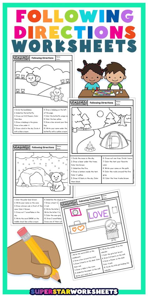 Pre K Following Directions Activities, Following Multistep Directions Activity, Preschool Following Directions Worksheet, Kindergarten Following Directions Worksheet, Follow Directions Worksheet Free, Fun Worksheets For 1st Grade, Read And Draw Worksheets Free Printable, 2 Step Directions Activities, Listen And Draw Following Directions