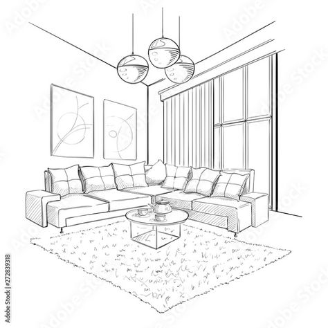 Living room interior sketch. Stock Vector | Adobe Stock Room Perspective Drawing, Interior Architecture Sketch, Interior Design Sketchbook, Furniture Sketch, Perspective Drawing Architecture, Furniture Design Sketches, Interior Architecture Drawing, Interior Design Renderings, Drawing Interior