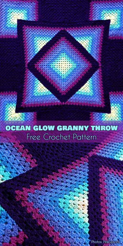 Ocean Glow Granny Throw Free Crochet Pattern #freecrochetpatterns #crochetblanket Crochet Graphgan Anime, Glow In The Dark Yarn Crochet Ideas, Purple Crochet Blanket Pattern, Loose Granny Square Crochet, Optical Illusion Crochet Afghan Patterns, Intricate Crochet Blanket Patterns, C2c Grid Pattern, Trippy Crochet Blanket, Square Afghan Crochet Pattern