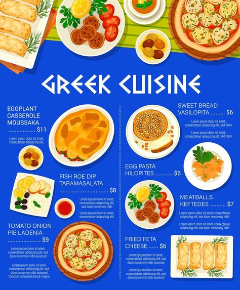 Greek cuisine meals and dishes menu page design Menu Page Design, Egg Pasta, Design Advertisement, Vector Banner, Sweet Bread, Design Design, Page Design, Eggplant, Meatballs