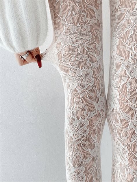 White  Collar  Polyamide   Embellished   Women Socks & Hosiery White Fishnet Tights, Cute Thigh High Socks, Tights Floral, Adam Gontier, Mesh Tights, White Fishnets, Floral Tights, Thigh High Stocking, Royal Ball