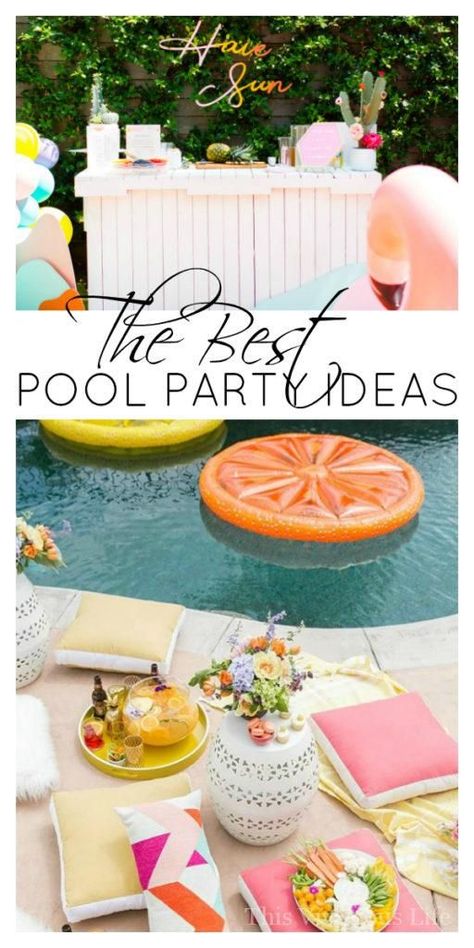 Pool Party Ideas For Adults Decoration Birthday, Public Pool Party, Pool Day Snacks, Pool Party Bachelorette Ideas, Adult Pool Party Decorations, Luxury Pool Party, Teen Pool Parties, Summer Pool Party Decorations, Retro Pool Parties