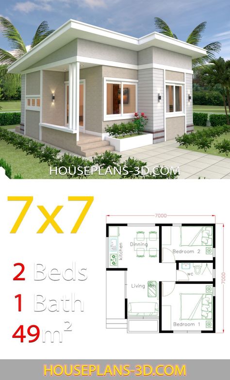 2 Bedroom House Design, House Plans 3d, One Bedroom House Plans, Small Modern House Plans, One Bedroom House, Pelan Rumah, Small House Layout, Gubahan Bunga, Affordable House Plans