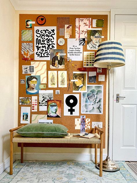 Idea Board Inspiration, Behind Couch Wall Decor Eclectic, Art Studio Display Wall, Renter Friendly Wall Storage, Giancarlo Valle Interiors, Tall Narrow Gallery Wall, Office Notice Board Ideas Creative, Notice Boards Ideas, Art Filled Bedroom