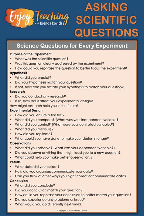 Use these science questions for every experiment. Your fourth grade and fifth grade students will pick up scientific processes and vocabulary in no time. Enjoy Teaching with Brenda Kovich Science Fair Ideas Highschool, Science Fair Questions, Science Questions For Kids, Scientific Vocabulary, Highschool Science, Science Materials, Scientific Process, Effective Teaching Strategies, Chemistry Basics