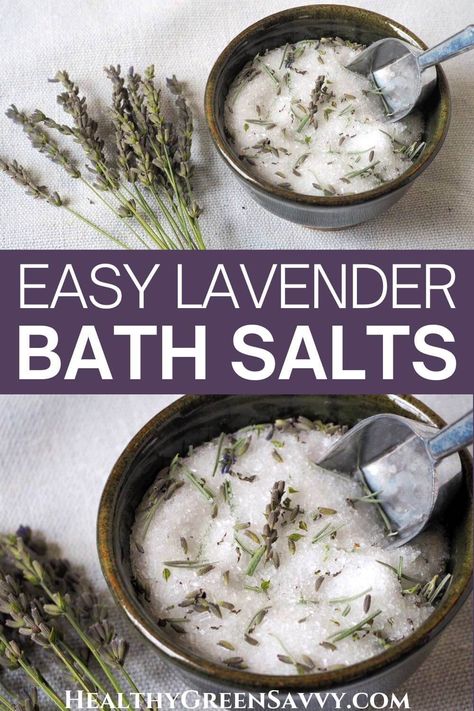 Do you love a relaxing soak in the tub? Elevate your bath with these deliciously scented lavender bath salts! This super-easy recipe uses lavender flowers and leaves harvested from the garden or purchased, or can be made instead with lavender essential oil. | homemade bath salts | easy bath salts recipe | uses for lavender | easy DIY gifts | relaxing bath salts | Epsom Salt Scrub Diy, Uses For Lavender, Homemade Bath Salts Recipe, Lavender Epsom Salt, Homemade Bath Salts, Diy Bath Soak, Salt Scrub Diy, Bath Soak Recipe, Bath Salts Recipe
