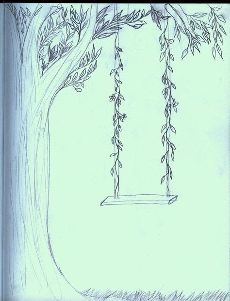 Swing Drawing Sketch, How To Draw A Swing On A Tree, Swing On A Tree Drawing, Tree And Swing Drawing, Swing Sketch Drawing, Side Tree Drawing, Half Tree Drawing, Trees Aesthetic Drawing, Tire Swing Drawing