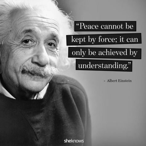 "Peace cannot be kept by force; it can only be achieved by understanding."—​Albert Einstein Peace And Love Quotes, World Peace Quotes, Quotes About Peace, 30 Quotes, Happy Quotes Inspirational, Inner Peace Quotes, World Quotes, Albert Einstein Quotes, Einstein Quotes