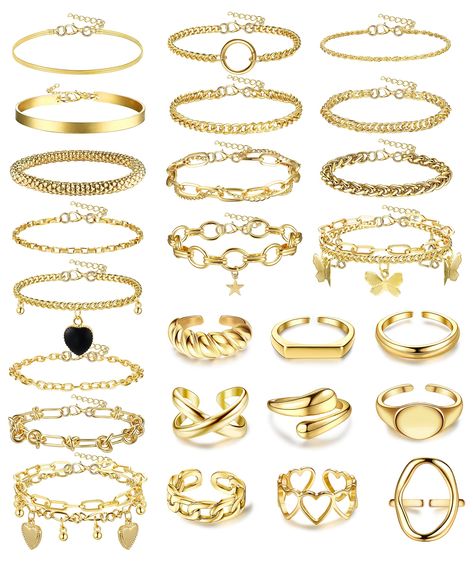 PRICES MAY VARY. 【Gold Bracelet Pack】To make you looks more charming, we have prepared 16 pcs womens gold bracelet set, such as chunky bracelet gold, star gold bracelet, heart bracelets gold, and other gold bracelet set for women. Besides，there are also 9 chunky gold rings of gold bracelet sets, such as signet gold chunky rings, open X gold rings chunky, gold chunky dome rings, croissant chunky gold ring, chain chunky ring set, ect. 【Adjustable Ring and Bracelet Set】To match different sizes, the Gold Necklaces Trendy, Gold Jewelry Ideas For Women, Jewelry Amazon Finds, Gold Trendy Jewellery, Custom Gold Bracelet, Gold Chunky Bracelets, Amazon Gold Jewelry, Cute Jewelry Gold, Gold Jewelry Chunky