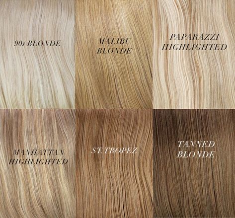 Blonde Hair Color Swatches: 90s Blonde, Malibu Blonde, Paparazzi Blonde, Manhattan Blonde, St. Tropez, Tanned Blonde Blonde Color Chart, Shades Of Blonde Hair Color, Shades Of Blonde Hair, Types Of Blondes, Blonde Hair Color Chart, Hair Color Swatches, Different Shades Of Blonde, Hair Chart, Blond Beige