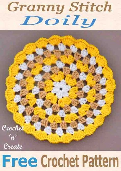 Pretty granny doily, free crochet pattern, crochet for tables and sideboards around your home. #crochetncreate #crochetdoily #crochettablemat #crochet #crochetpattern #freecrochetpattern #easypattern #freepattern #forbeginners #diy #crafts Free Doily Patterns, Crochet Circle Pattern, Granny Square Haken, Free Crochet Doily Patterns, Coaster Pattern, Granny Square Crochet Patterns Free, Crochet Placemats, Crochet Dollies, Crochet Coaster Pattern