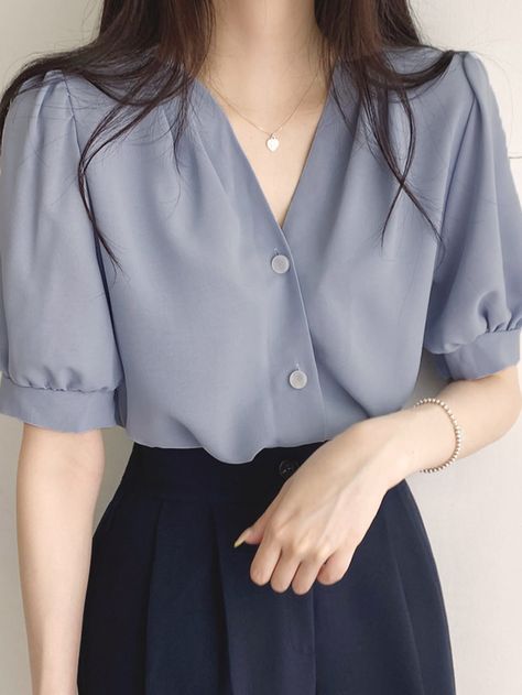 Dusty Blue Casual Collar Short Sleeve Fabric Plain Top Embellished Non-Stretch  Women Clothing Women Blouses Fashion Classy, Office Tops For Women, Formal Tops For Women, Shirts For Women Stylish, Loose Pants Outfit, Shirt Style Tops, Trendy Shirt Designs, Women Blouses Fashion, Fancy Dresses Long