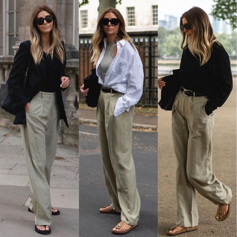 Khaki Green Outfits For Women, Wide Pants Women Outfit, Khaki Green Trousers Outfit, Green Wide Trousers Outfit, Outfit With Green Trousers, Beige Wide Trousers Outfit, Khaki Linen Trousers Outfit, Khaki Trousers Outfit Women, Green Tailored Pants Outfit
