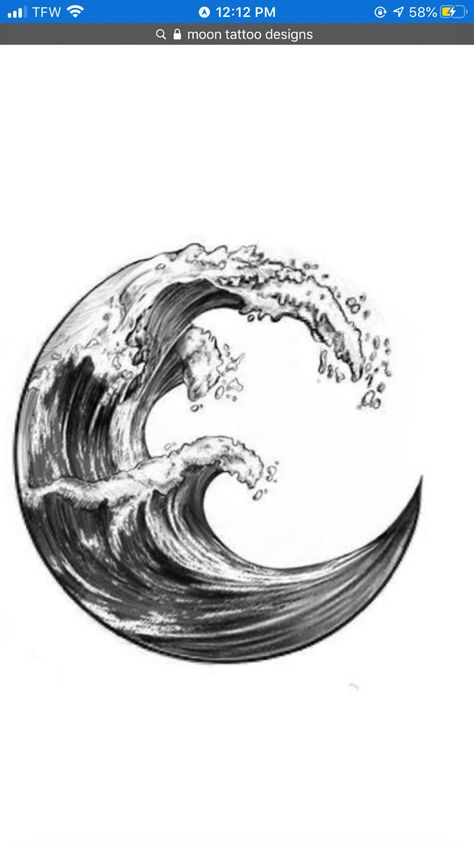 Wave In A Circle Tattoo, Wave Tattoo Cover Up, Water Circle Tattoo, Shaded Wave Tattoo, Large Wave Tattoo, Sea And Space Tattoo, Aquarius Wave Tattoo, Waves And Flowers Tattoo, Water Moon Tattoo