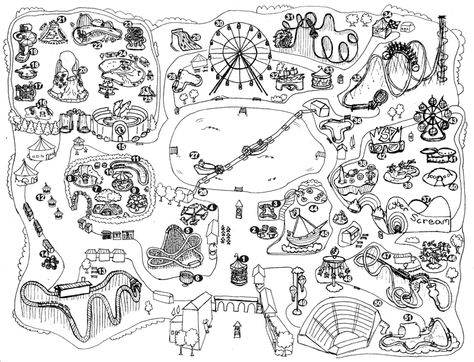 Theme park map for my new romantic YA ghost story, Ride of Your Life. It's about two teenage ghosts who meet and fall in love in a fictional theme park. Croquis, Amusement Park Map Design, Theme Park Map Illustration, Theme Park Ride Design, Theme Park Maps, Theme Park Layout Plan, Theme Park Map Design, Theme Park Drawing, Theme Park Layout