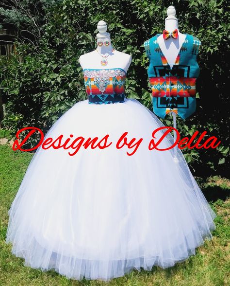 Pendleton wedding attire. Made by Designs by Della. Pendleton Wedding, Native American Wedding Dress, Navajo Dress, Native American Inspired Fashion, American Wedding Dress, Pendleton Dress, Navajo Wedding, Native American Wedding, Native American Dress
