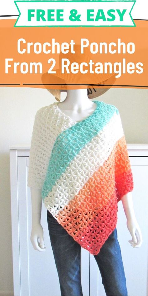 This crochet poncho free pattern has a simple construction that is perfect for beginners. It is made by joining 2 rectangles. It is a quick and easy pattern that runs from woman's size small to plus sizes. Make one this summer. #crochetponcho, #crochet, #freecrochetponcho, #crochetsummerponcho Ponchos, Crochet Poncho Patterns Free Women, Rectangle Poncho Crochet Pattern, Poncho Free Crochet Pattern, Crochet Summer Poncho Free Pattern, Crochet Poncho Patterns Easy Free, Crocheted Ponchos Patterns Free, Crochet Poncho Free Pattern Woman Easy, Crochet Shawl Pattern Free Easy Simple