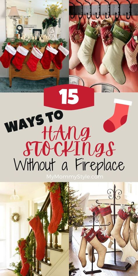 Creative Ways To Hang Stockings Without Fireplace, Creative Ways To Hang Christmas Stocking, No Mantel Stocking Ideas, Hanging Stockings Without A Fireplace, Stockings Without A Fireplace, Walrus Craft, Hanging Mantle, Smart Garage, Fireplace Stockings