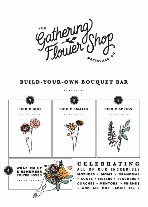 "The Gathering Flower Shop" Mothers Day Pop-Up Flower Shop design; The Gathering Church Flower Pop Up Store, Flower Shop Marketing, Flower Shop Advertisement, Flower Shop Quotes, Flower Shop Inspiration, Florist Design Branding, Flower Bar Business, Flower Shop Signage, Flower Shop Business Plan